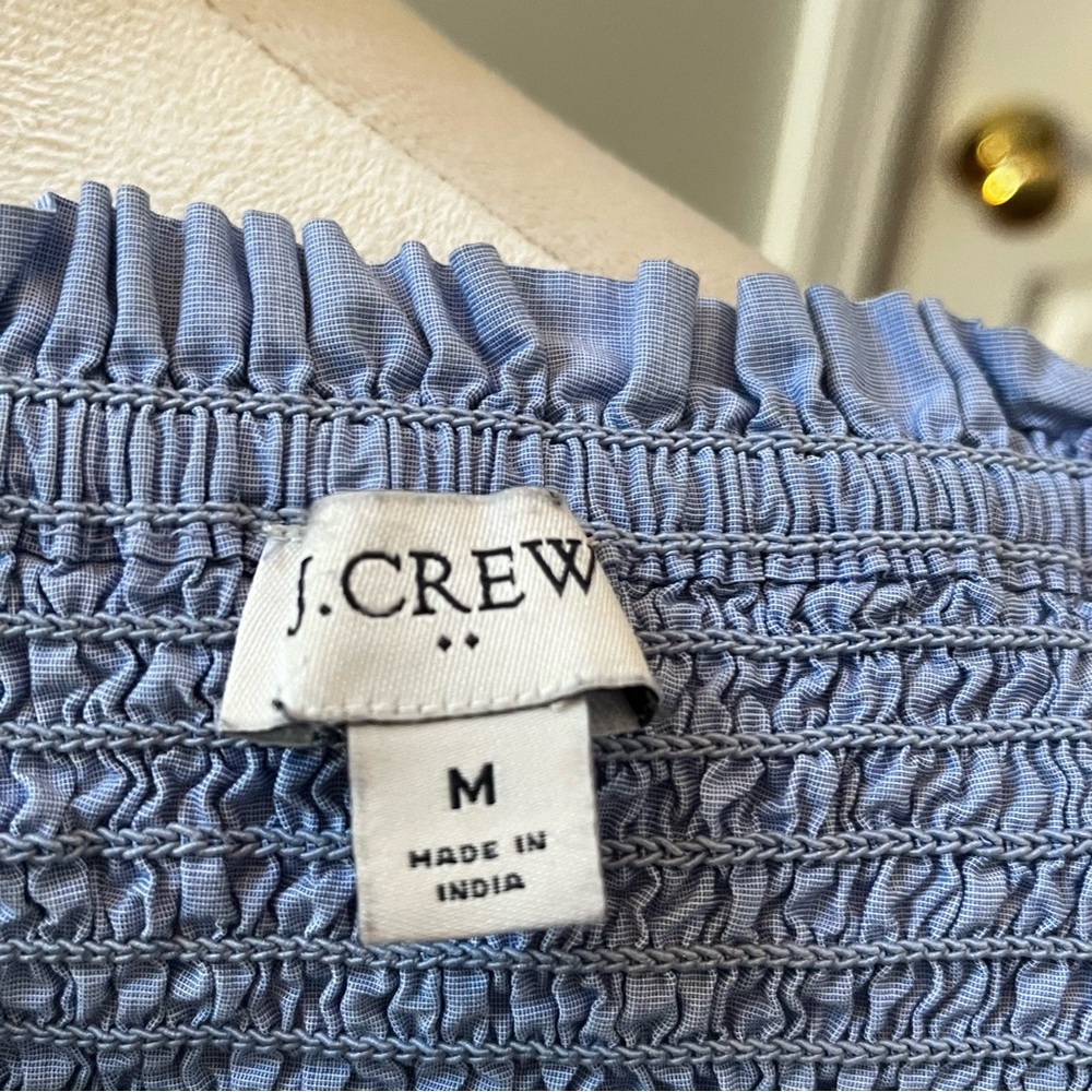 J. Crew Medium Blue Smocked Tie-Shoulder Tank Top Chambray Fabric Stretchy - Picture 8 of 10